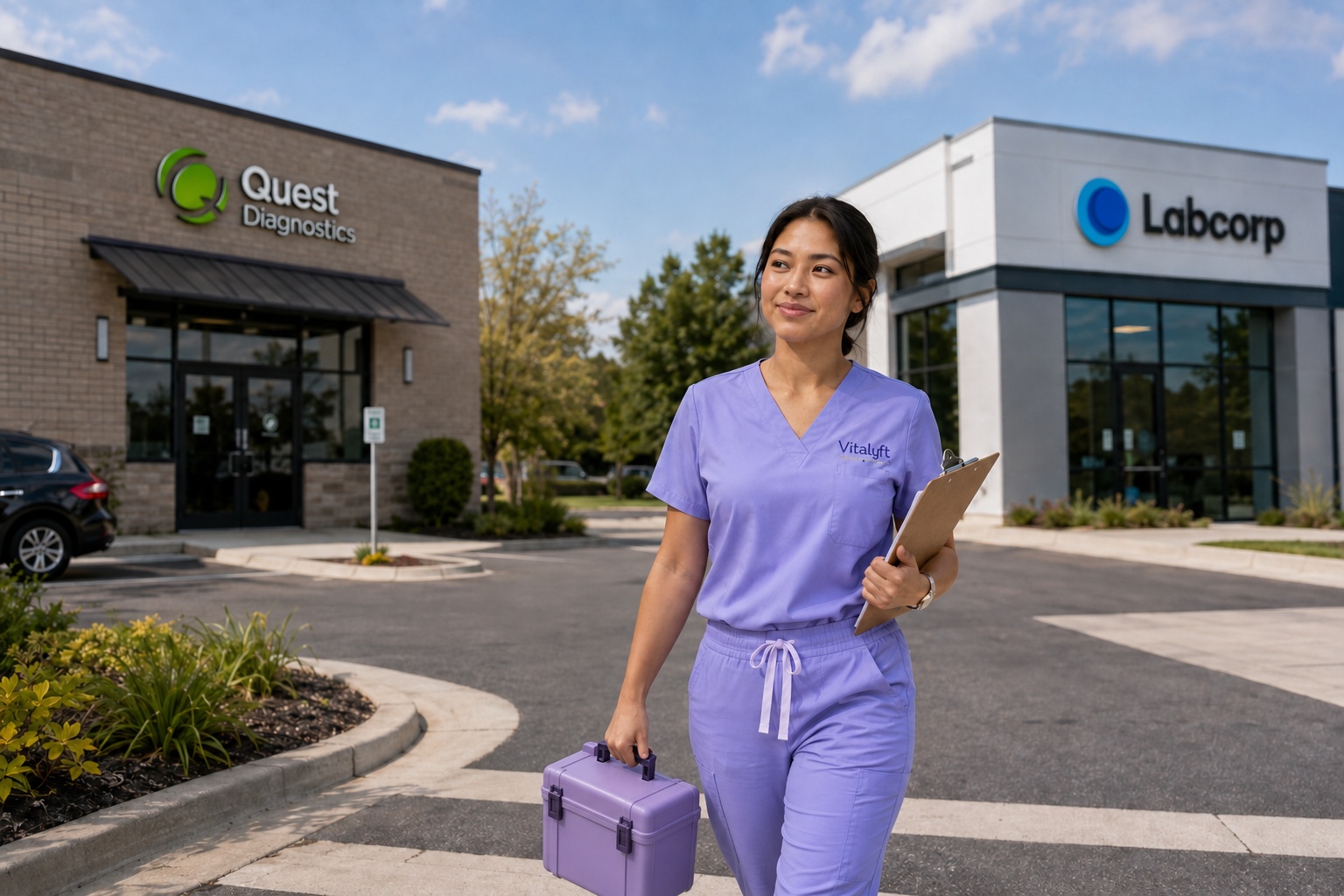 Vitalyft Medical team member with a transport case between separate Quest Diagnostics and Labcorp locations