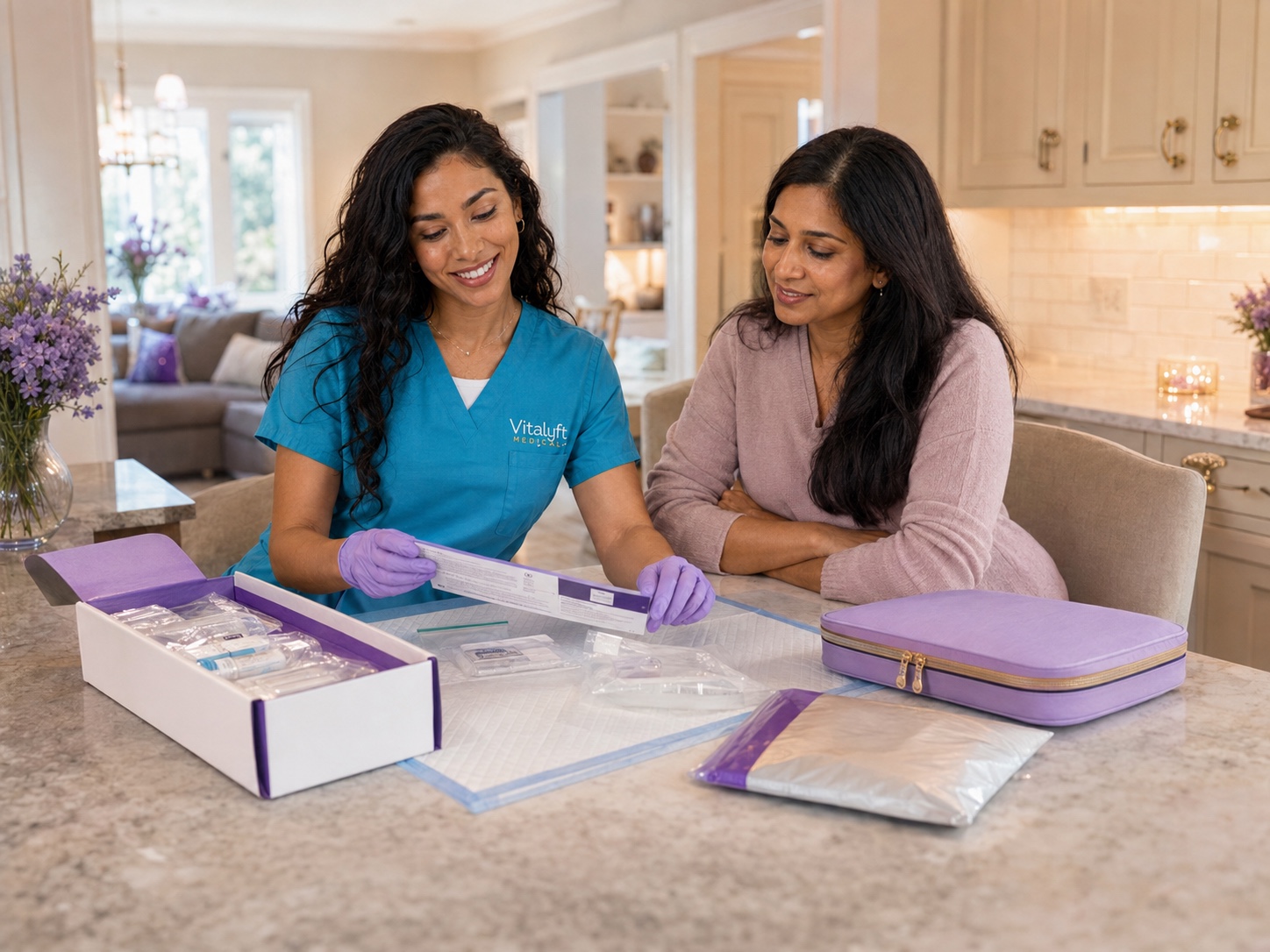 Vitalyft Medical team member reviewing a specialty collection kit with a client at home